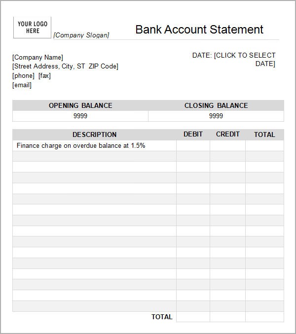 Bank Account Statement Template Free