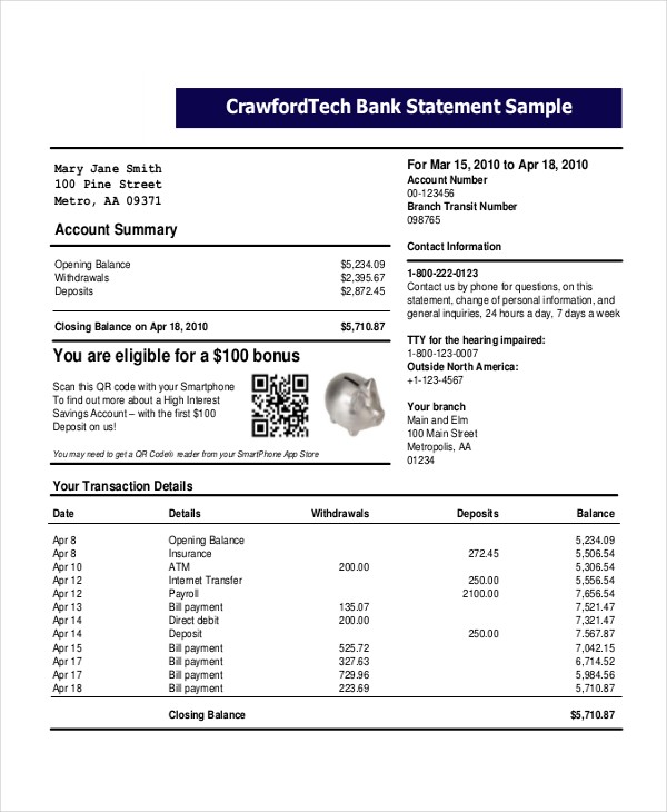 Bank Statement Template 22 Free Word PDF Document Downloads Sample