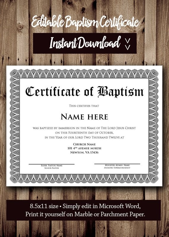 Baptism CERTIFICATE Template Microsoft Word Editable Etsy Certificate Download