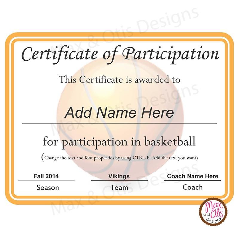 Basketball Certificate Of Participation Editable PDF Max Otis