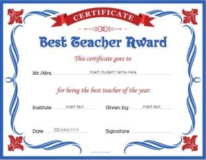 Best Teacher Award Certificates Professional Certificate Templates Of The Year Template