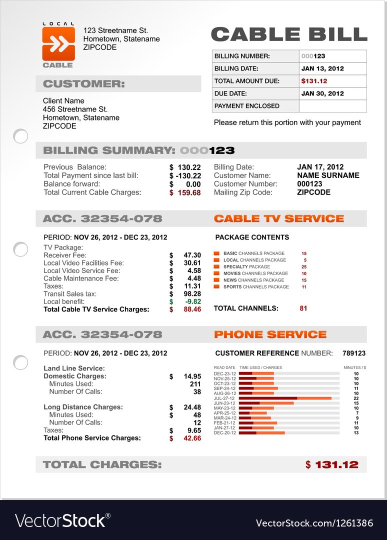 Cable Service Phone Bill Document Sample Template Vector Image