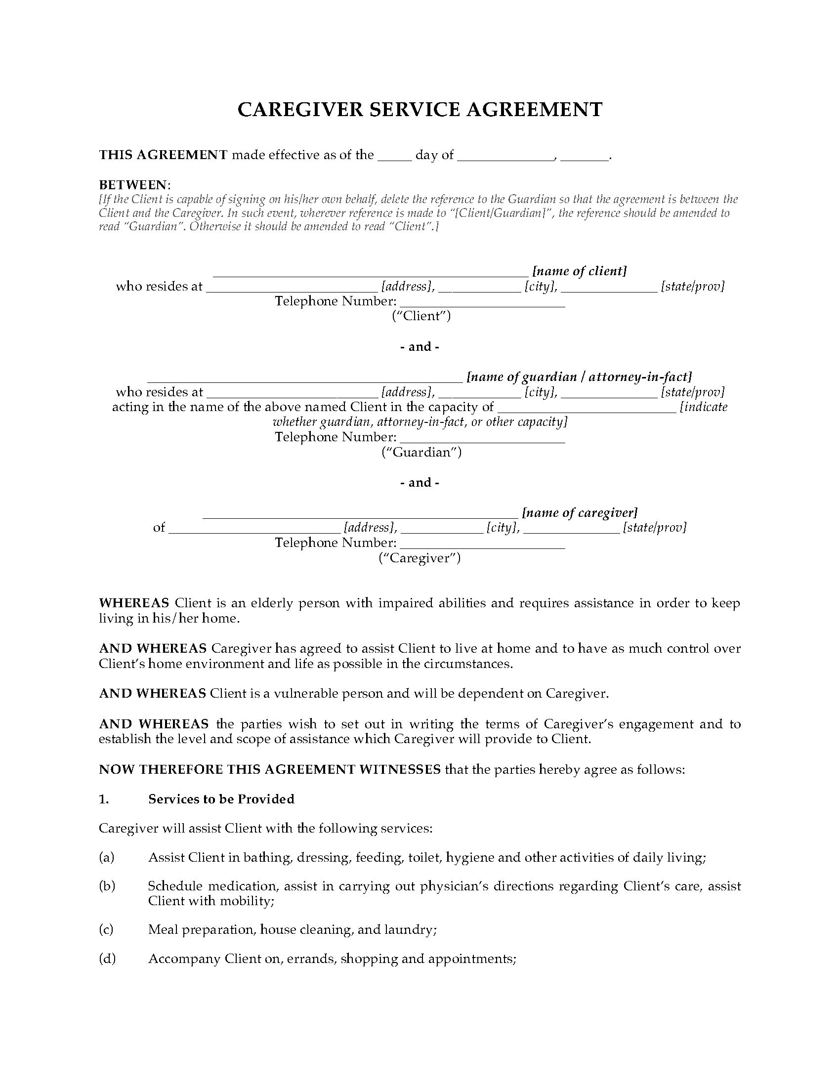 Caregiver Service Agreement Legal Forms And Business Templates Live In