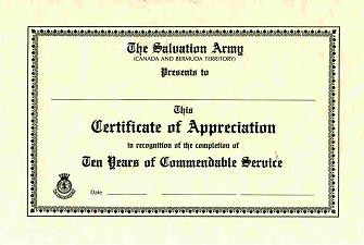 CERTIFICATE OF APPRECIATION 10 YR SVC A07571 1 29 Salvation Certificate