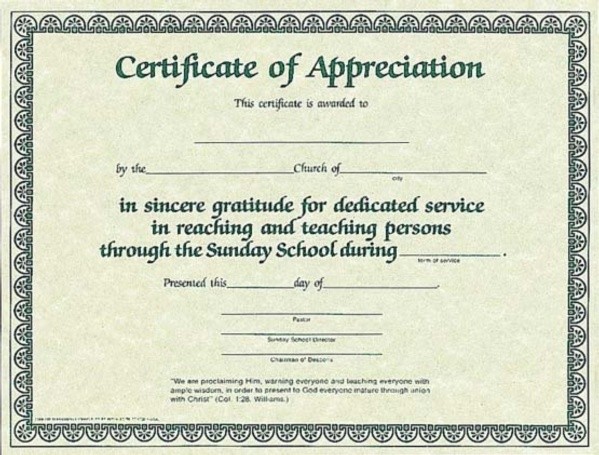 Certificate Of Appreciation For Sunday School Worker Broadman Christian