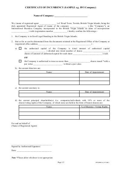 CERTIFICATE OF INCUMBENCY SAMPLE E G BVI Company Certificate Of Incumbency