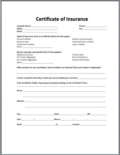 Certificate Of Insurance Template Com Car