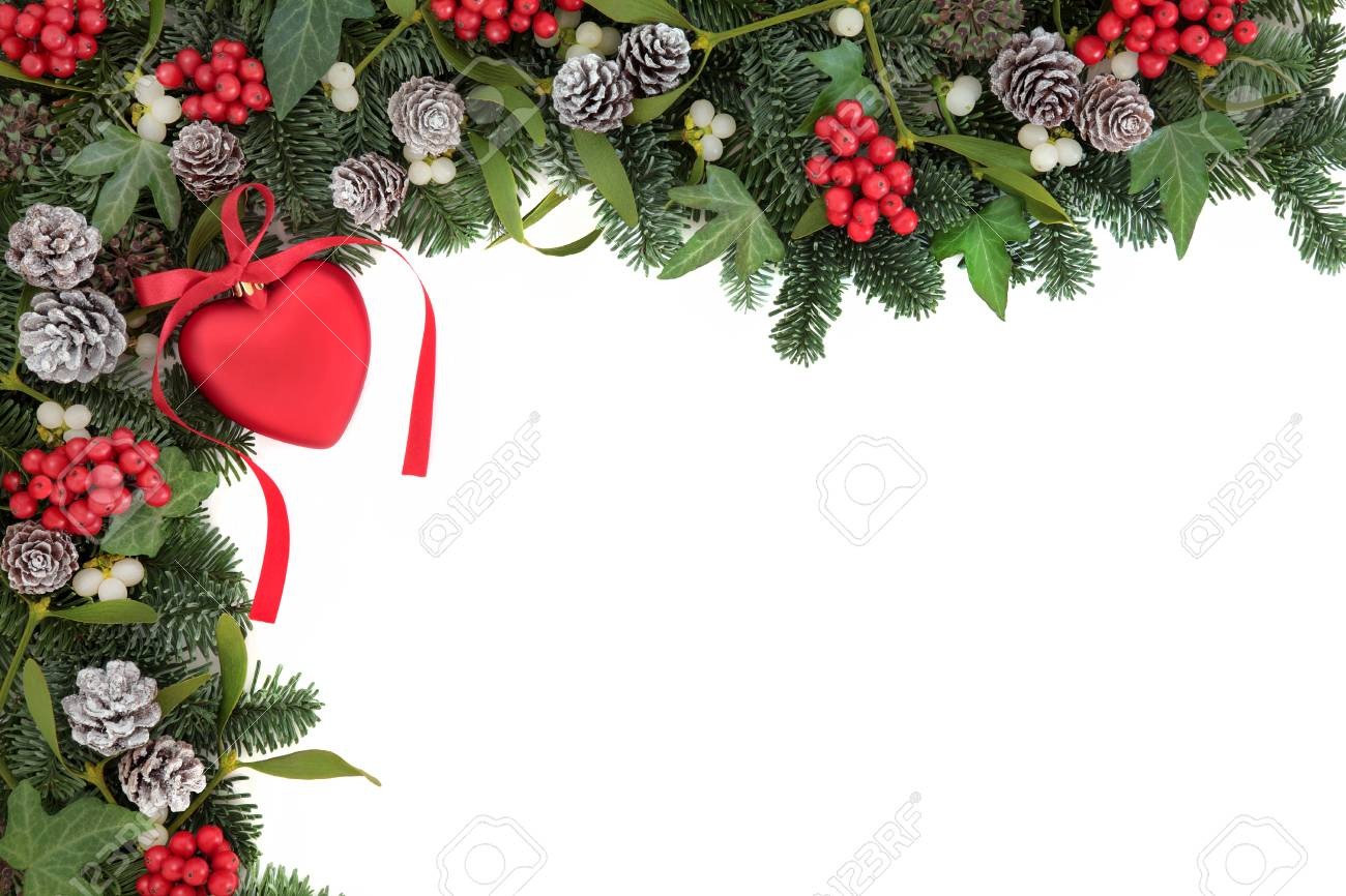 Christmas Abstract Background Border With Red Heart Bauble Ivy