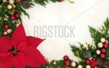 Christmas Border With Poinsettia Flower Red And Gold Bauble Ivy