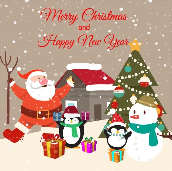Christmas Card Design With Penguins And Santa Claus Free Vector In Ai