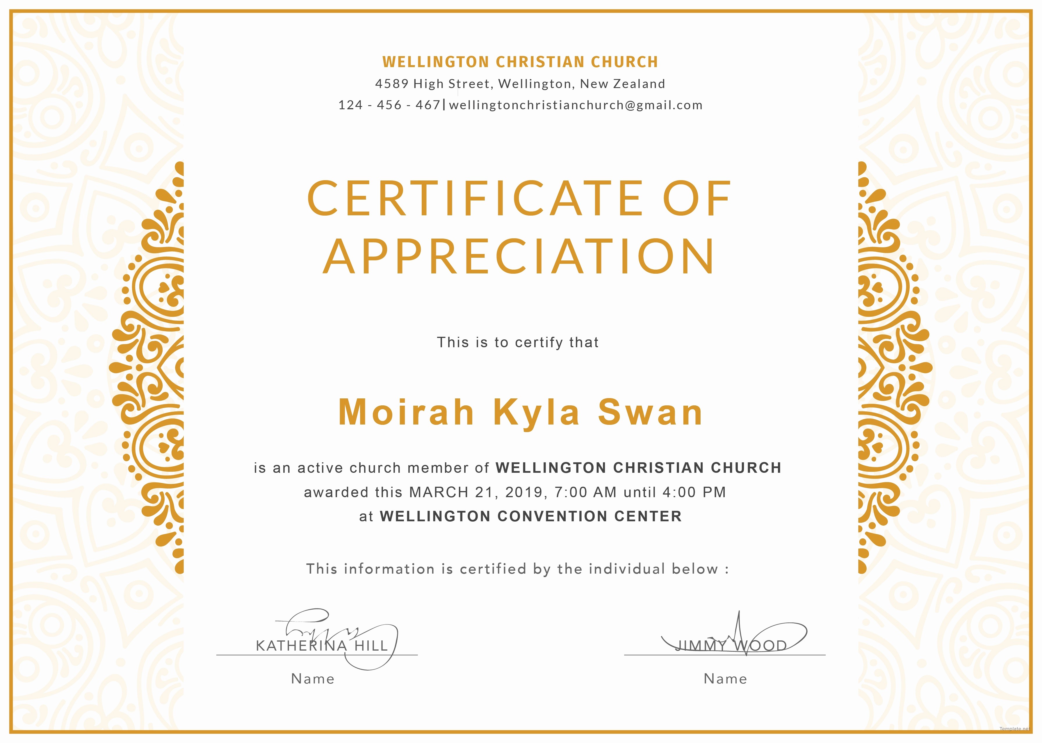 Church Certificate Of Appreciation Template Christian