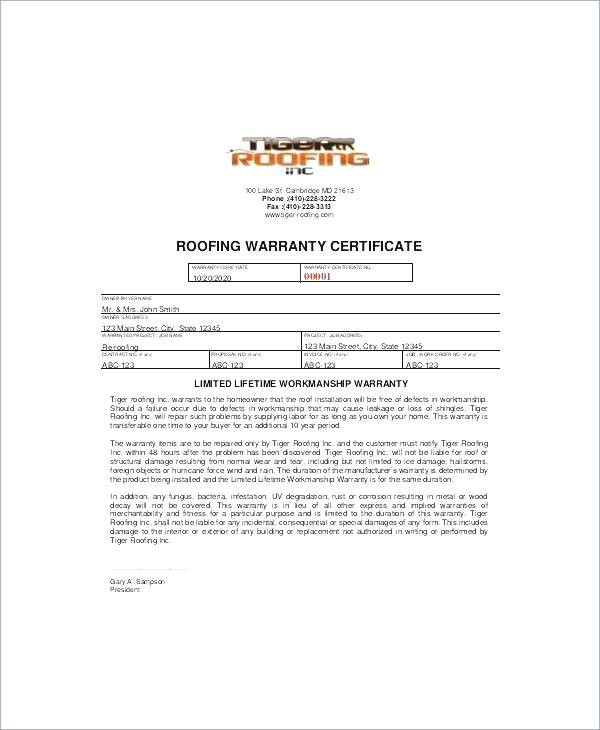 Construction Warranty Template Roof Certification