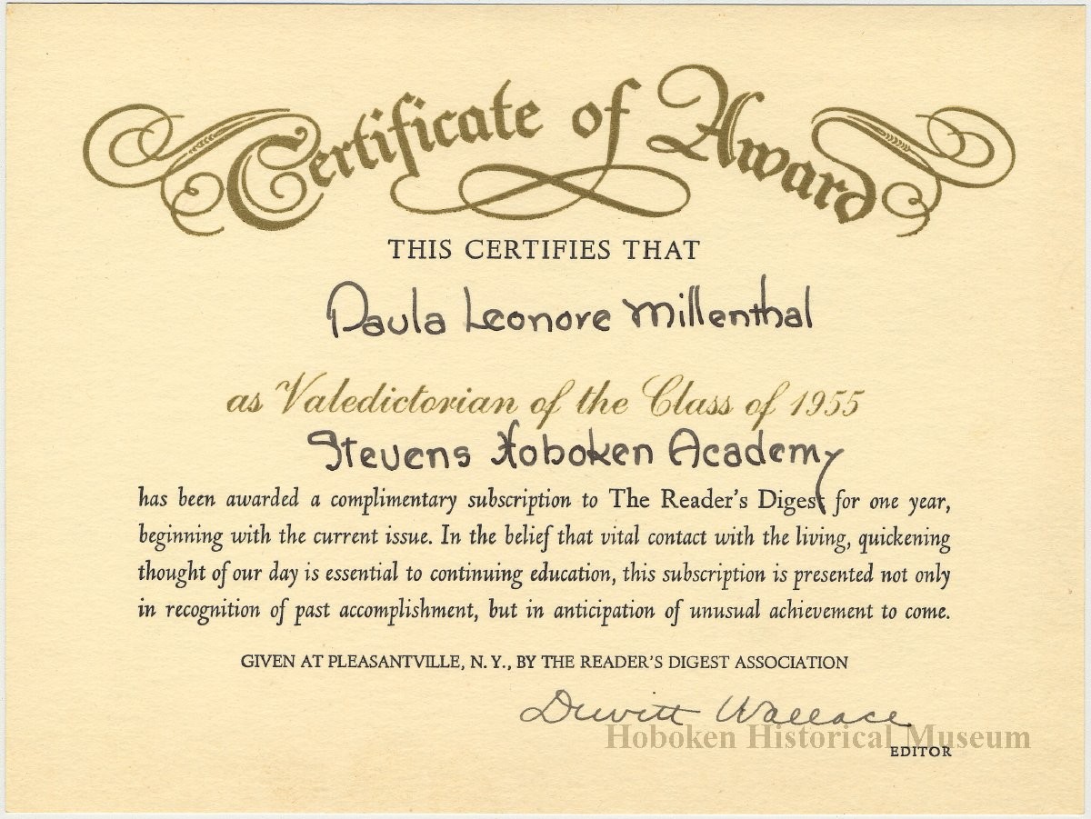 Digital Image Of Certificate Award To Paula Millenthal Valedictorian