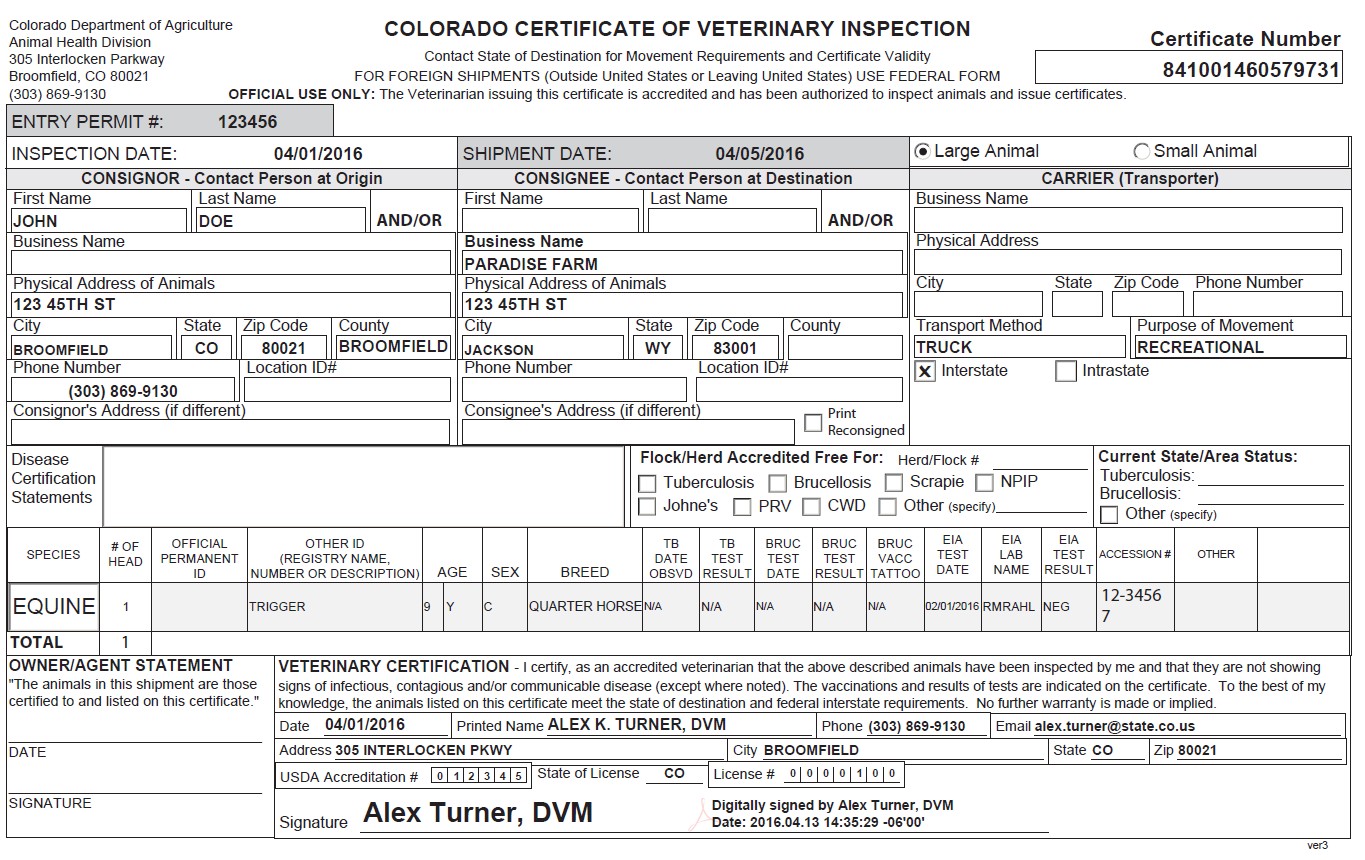 Electronic Interstate Certificates Of Veterinary Inspection CVI Health Certificate Template