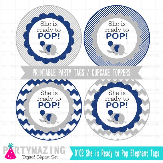 Elephant Shower Tag She Is Ready To Pop Printable Navy Blue Printables