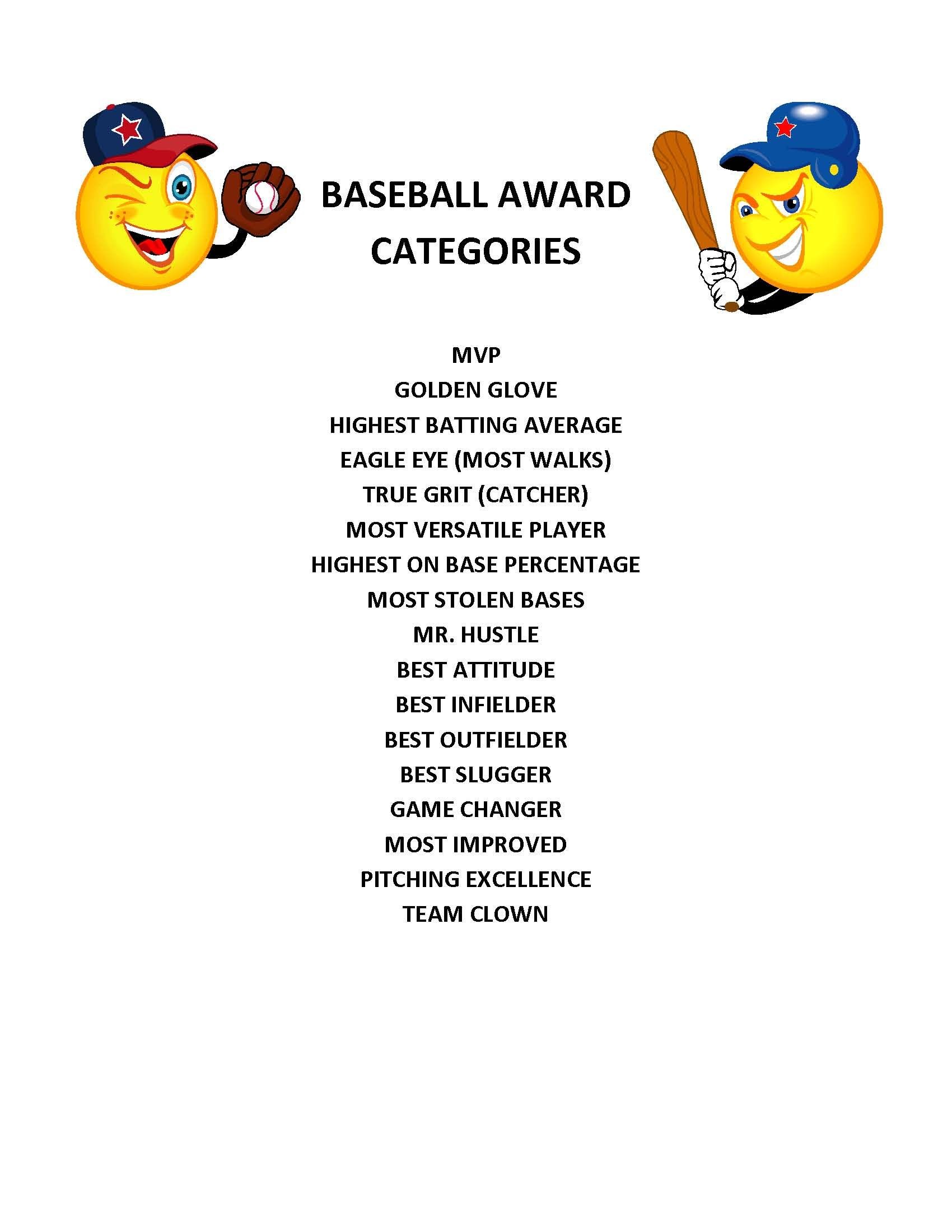 End Of Season Baseball Award Categories Kid S Party Certificates For Kids
