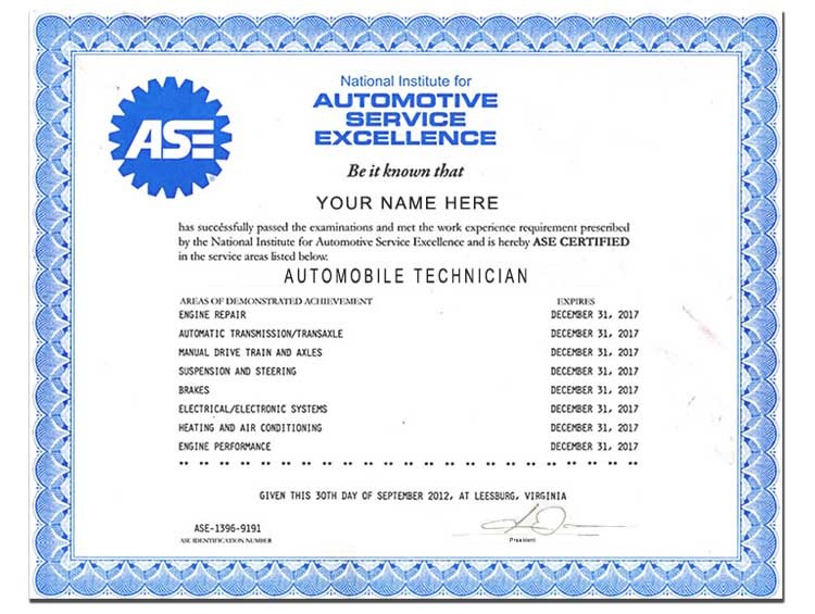 Fake ASE Automotive Certificate