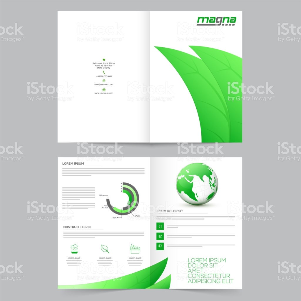Four Pages Ecological Brochure Template Design With Green Leaves And