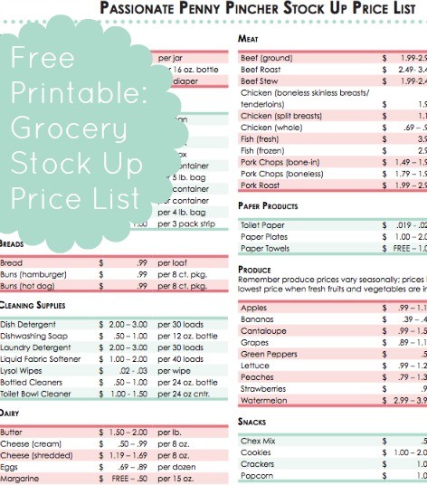 Free Grocery Stock Up Price List Printable