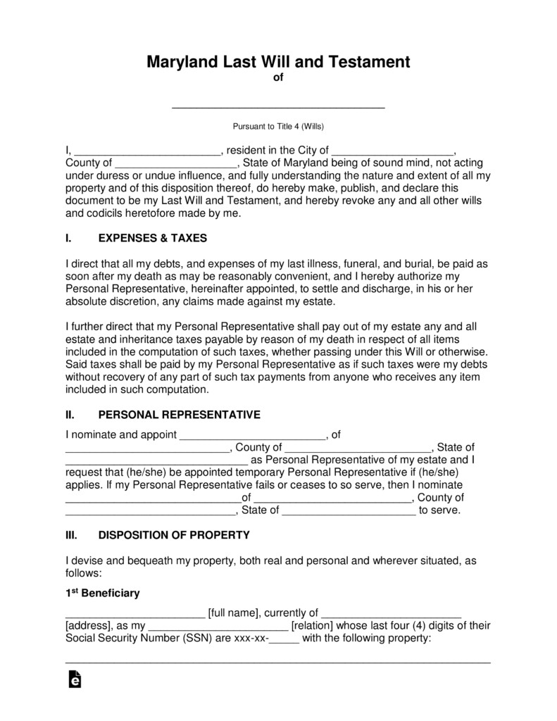 Free Maryland Last Will And Testament Template PDF Word EForms Simple