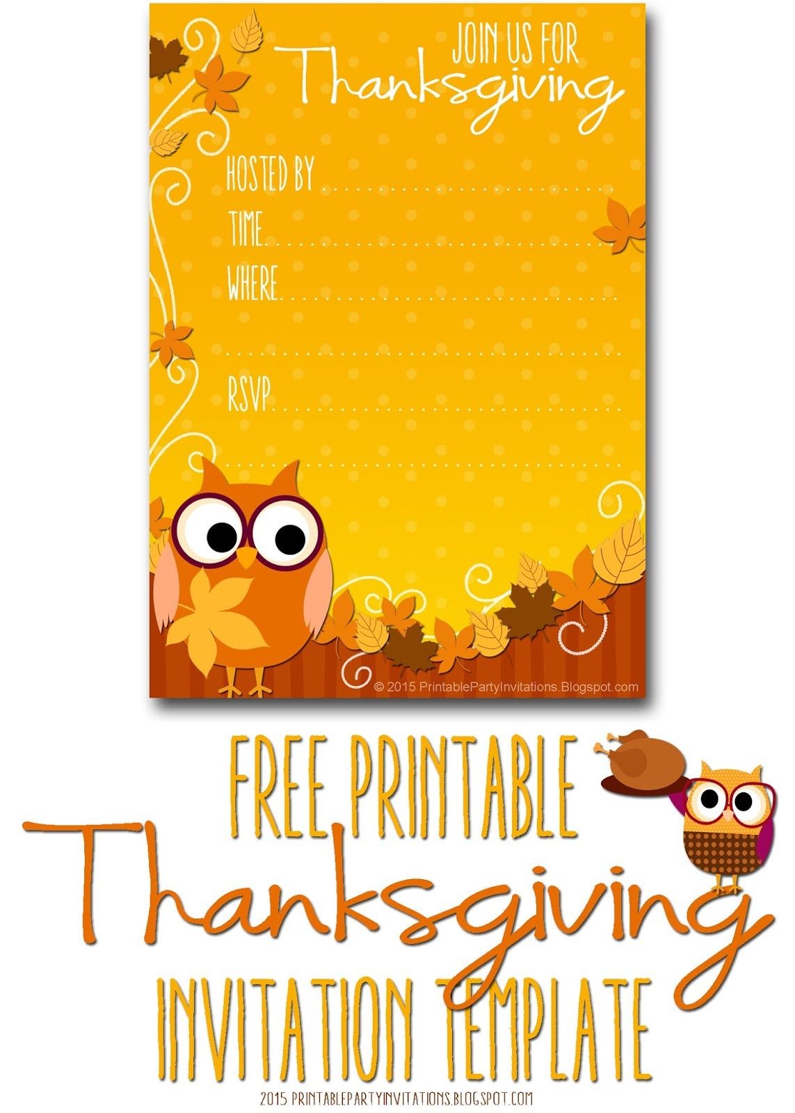 FREE Printable Autumn Owl Thanksgiving Invitation Template Party