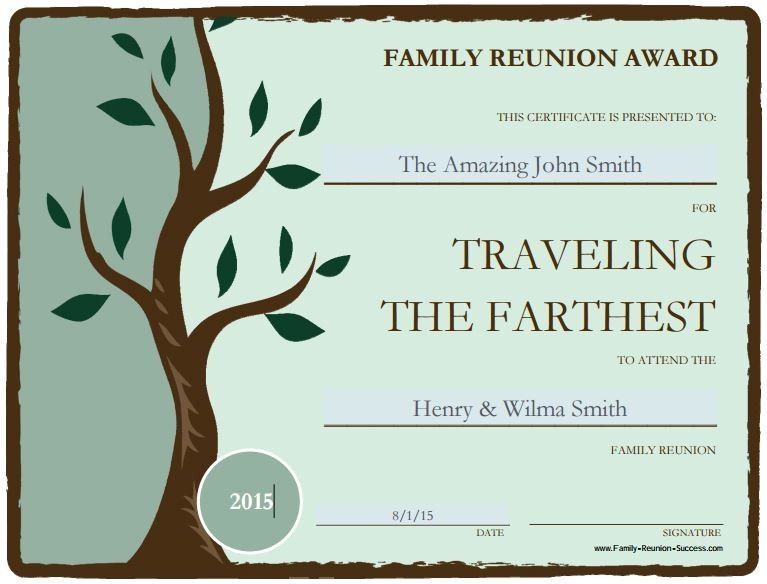 Free Printable Awards For The Family Reunion Certificates