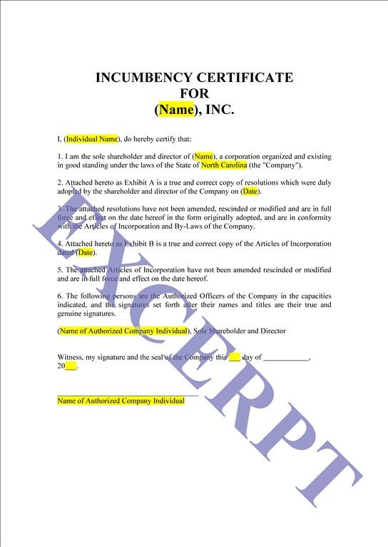 Free Printable Certificate Of Incumbency Form GENERIC Sample