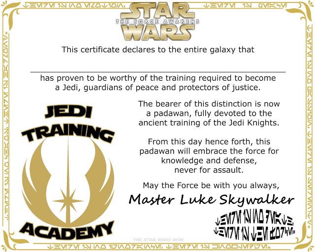 Free Printable Jedi Knight Training Academy Certificate The