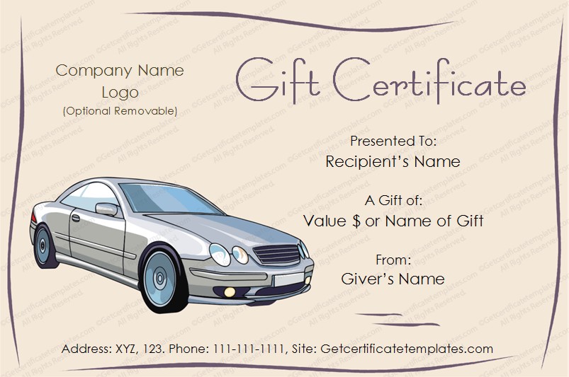 Giftcard Giftvoucher Giftcertificate Car Gift Certificate Automotive Template