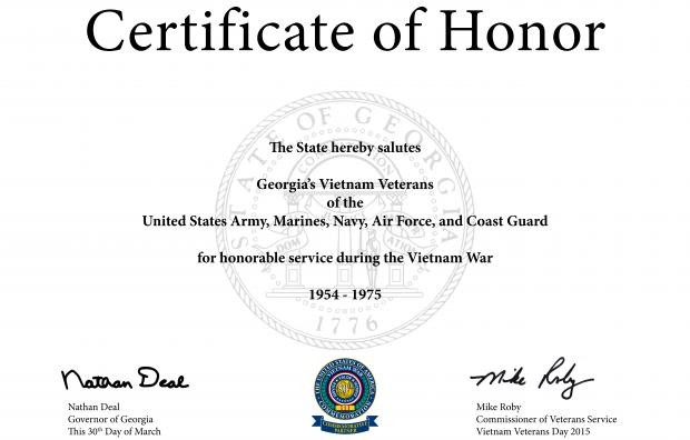 Georgia Department Of Veterans Service Day Certificates