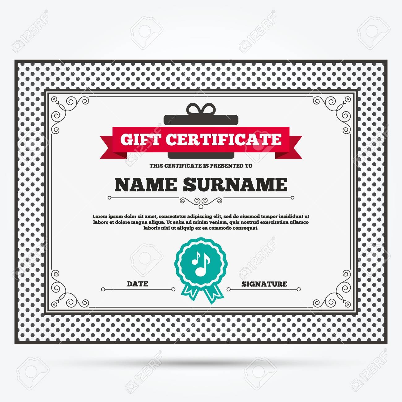 Gift Certificate Music Notes Sign Icon Musical Symbol Template