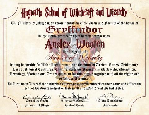 Gryffindor House Personalized Harry Potter Diploma Hogwarts