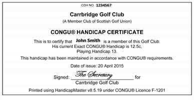 Handicap Competitions Carrbridge Golf Club Certificate