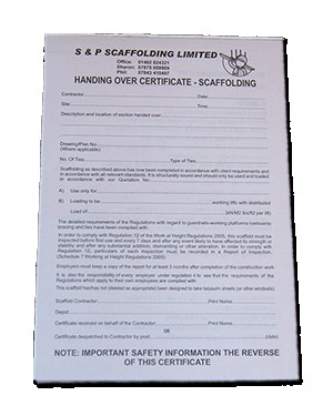 Handover Certificate S P Scaffolding Limited Hull Scaffold