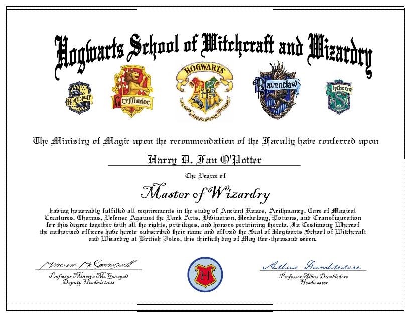 Hogwarts School Diploma Master Of Wizardry Harry
