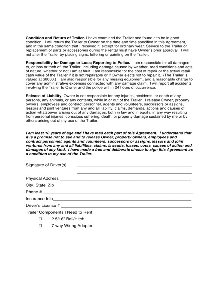 Horse Trailer Rental Agreement Template Free Download Lease