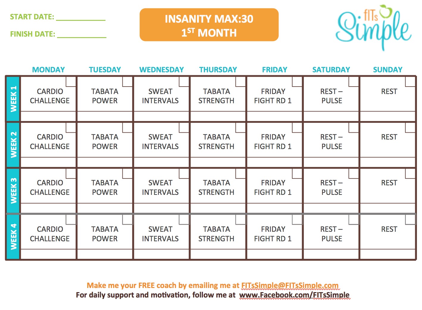 Insanity Max 30 Workout Calendar FREE DOWNLOAD