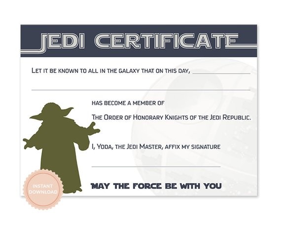 INSTANT DOWNLOAD Star Wars Jedi Certificate Yoda