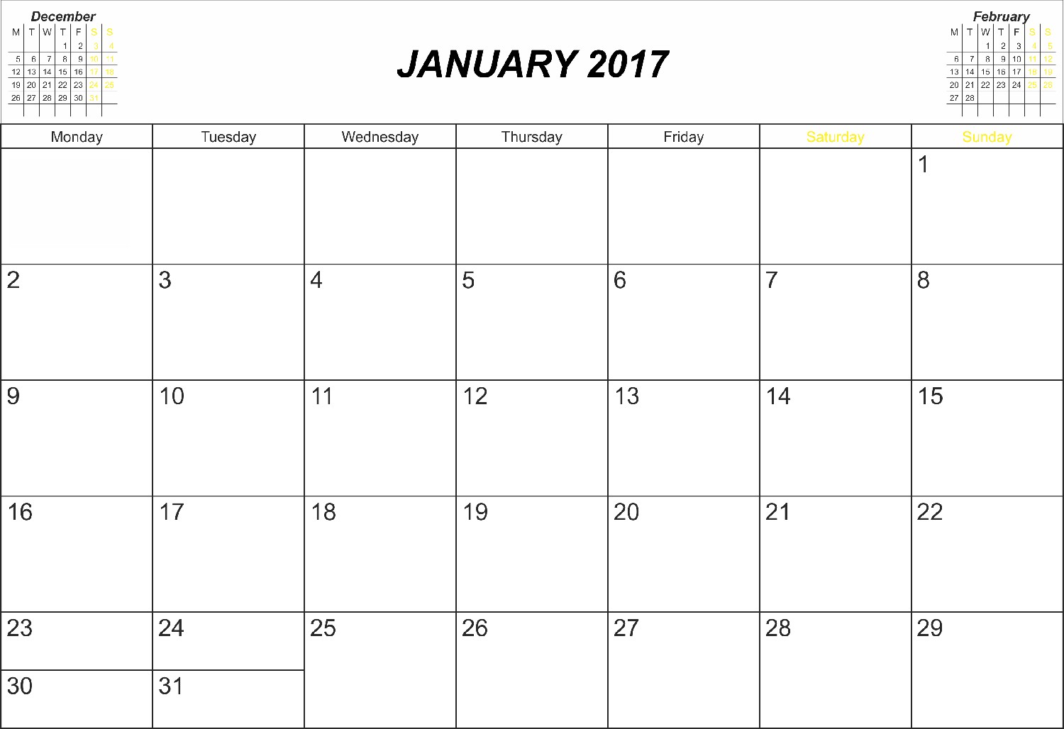 January 2017 Word Calendar Download