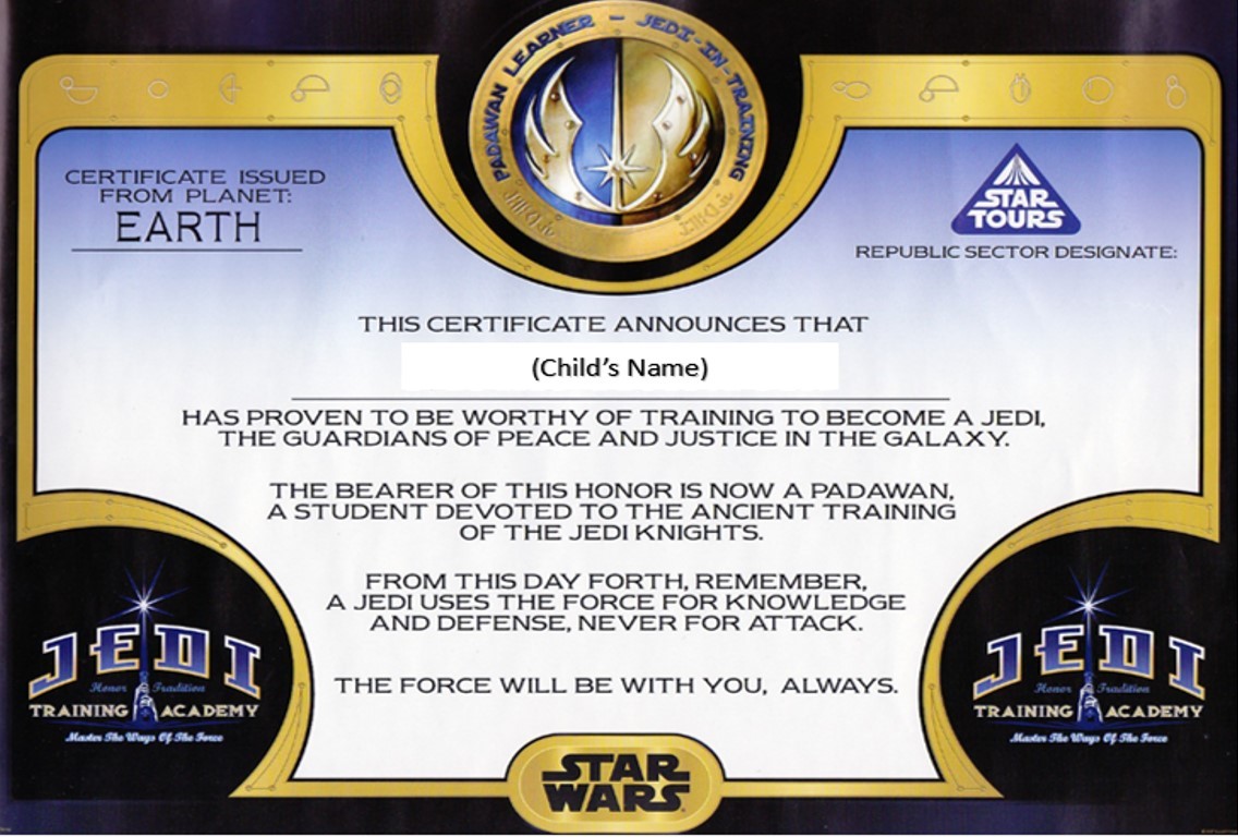 Jedi Training Academy At Hollywood Studios In The Disney Bubble Knight Certificate