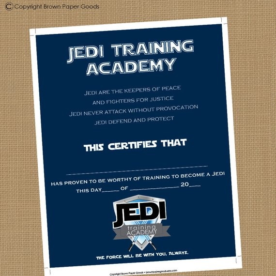 Jedi Training Academy Certificate Printable Etsy