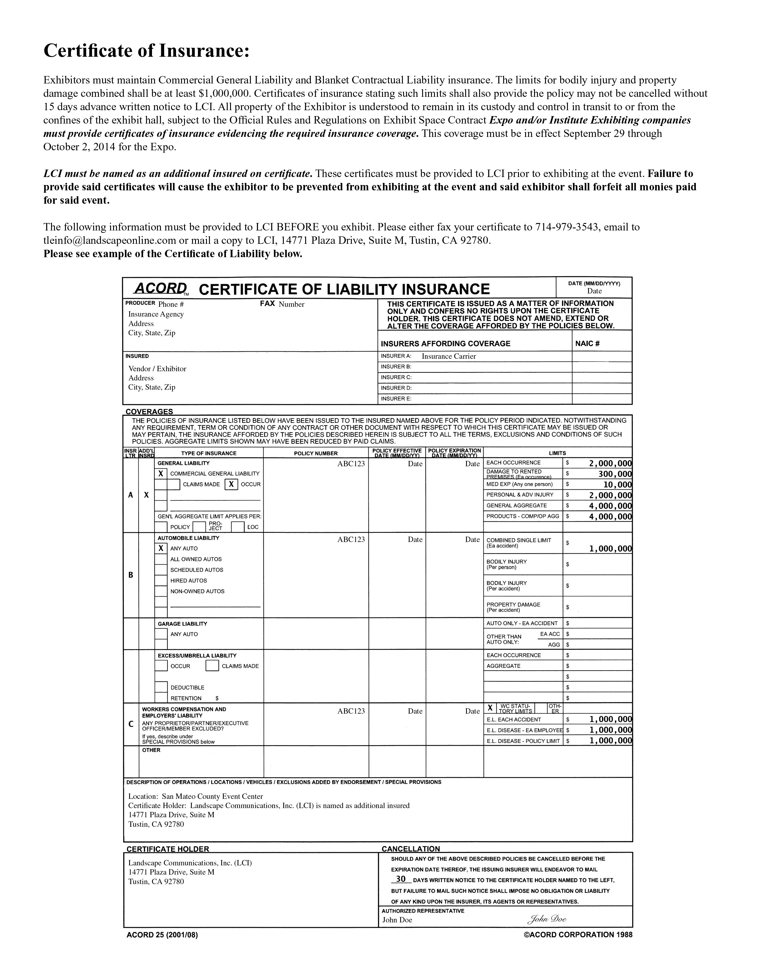 LandscapeOnline Com Business Insurance Certificate Template