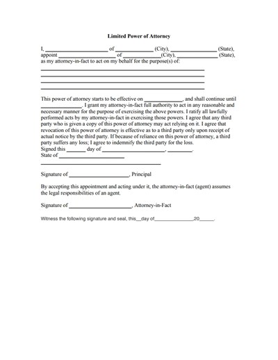 Limited Power Of Attorney Form Download Create Fill Print Free Printable