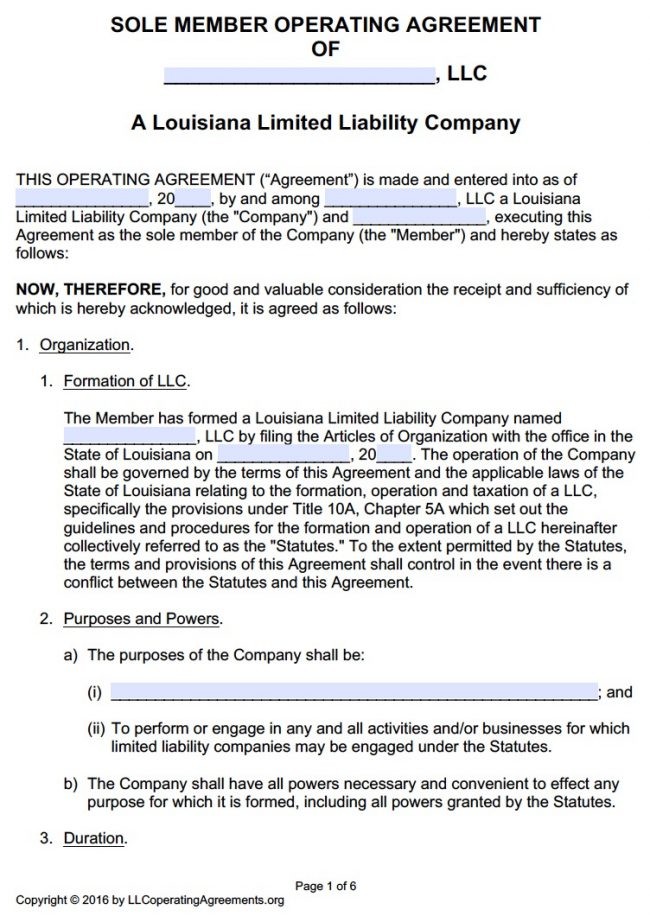 Louisiana Single Member LLC Operating Agreement Template Llc