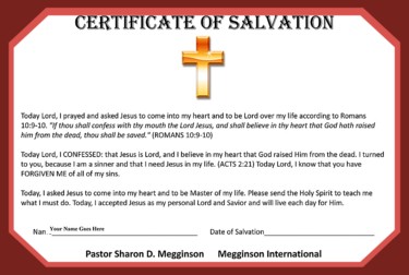 Megginson International Salvation Certificate