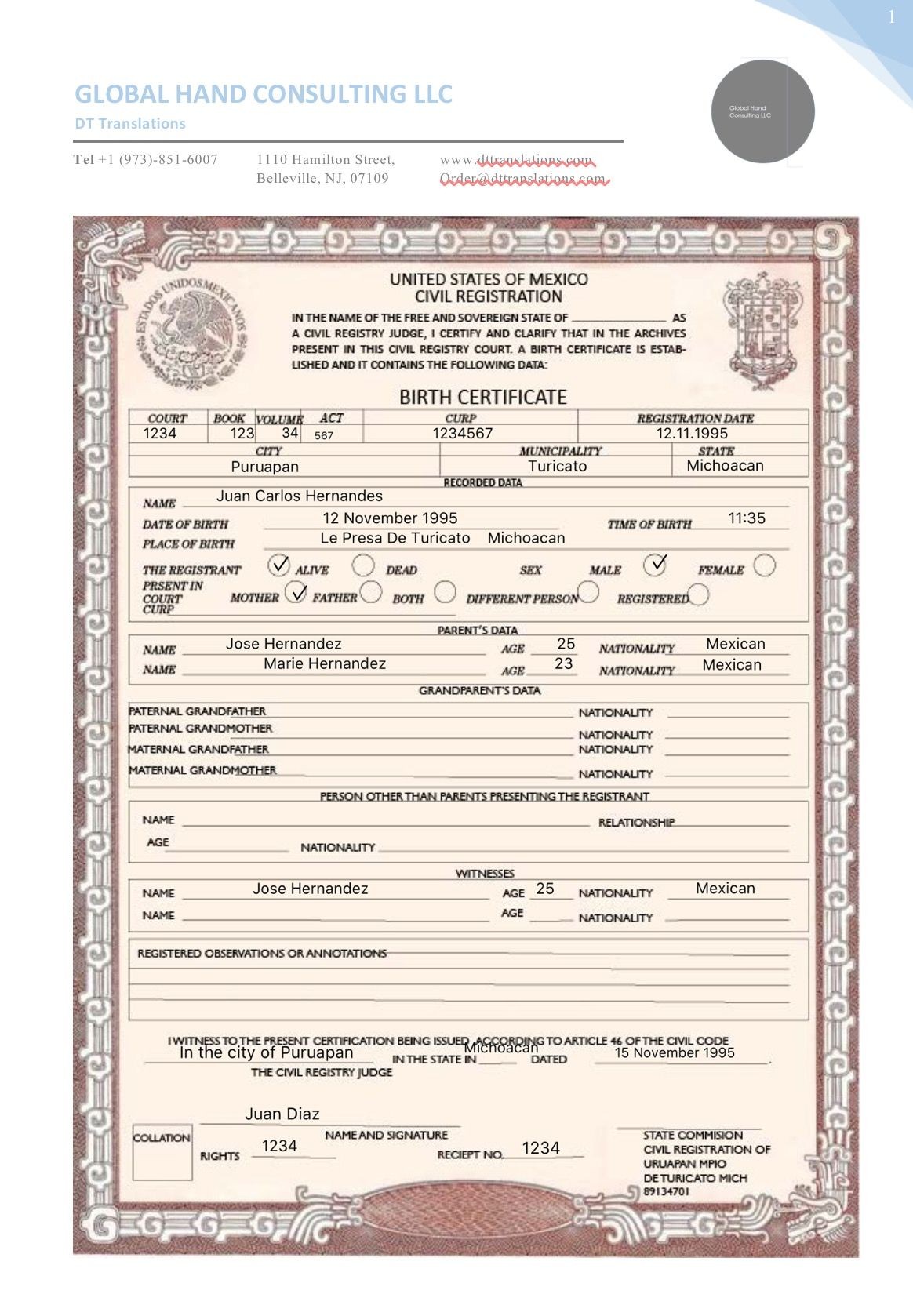 Certified Spanish Translation Mexican Birth Certificate carlynstudio us