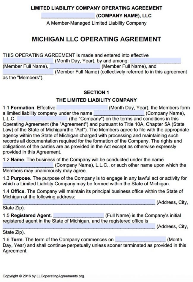 Michigan Multi Member LLC Operating Agreement Free Llc
