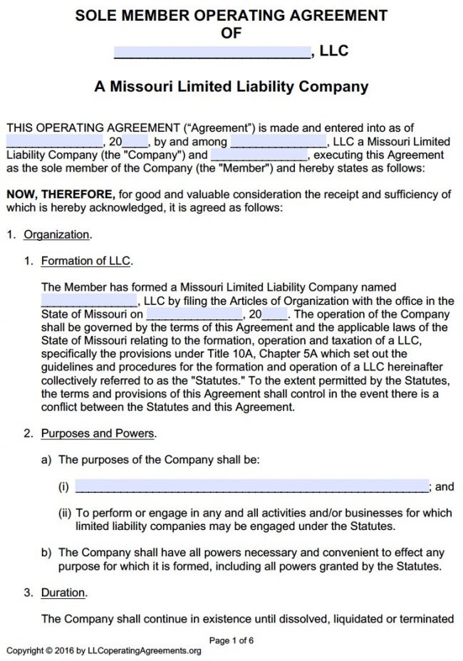 Missouri Single Member LLC Operating Agreement Free Llc