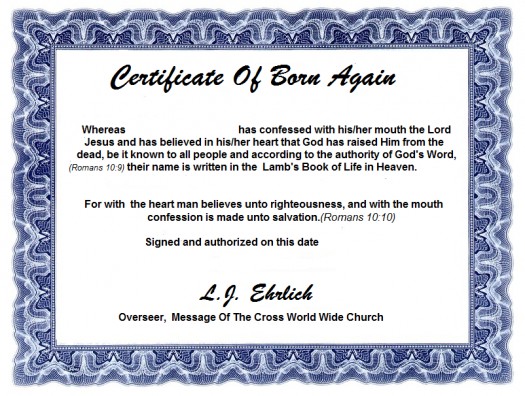 My Free Copy Of Born Again Certificate 2016 Salvation
