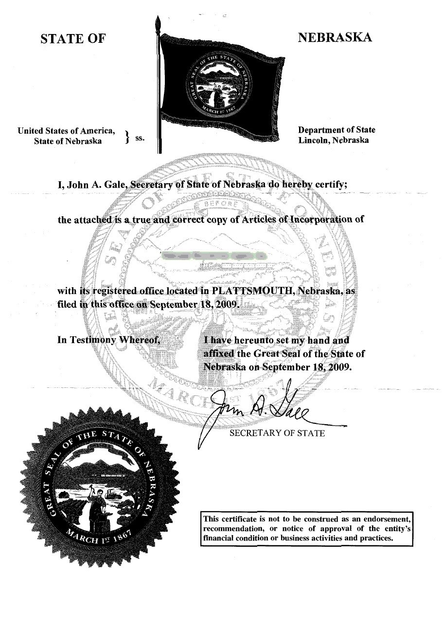 Nebraska Certificate Of Organization Template